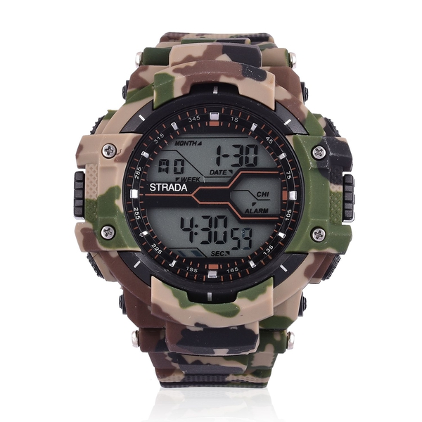 STRADA Electronic Movement LED Display Watch with Stainless Steel Back and Green Camouflage Silicone
