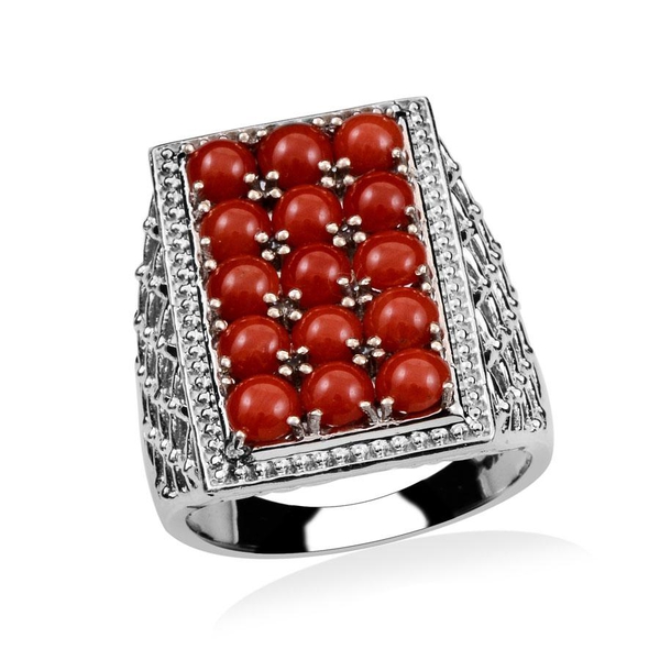 3.90 Ct Mediterranean Coral Cluster Ring in Platinum Plated Silver 7.29 Grams