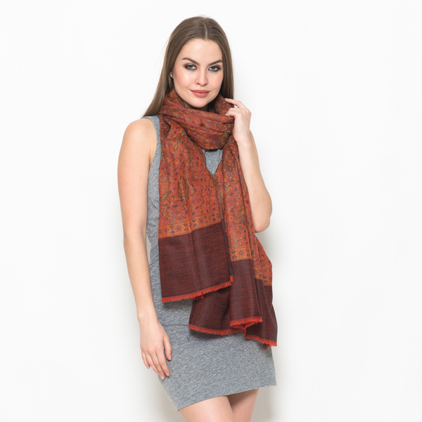 88% Merino and 12% Silk Jacquard Weaving Multi Colour Floral and Paisley Pattern Orange and Chocolat