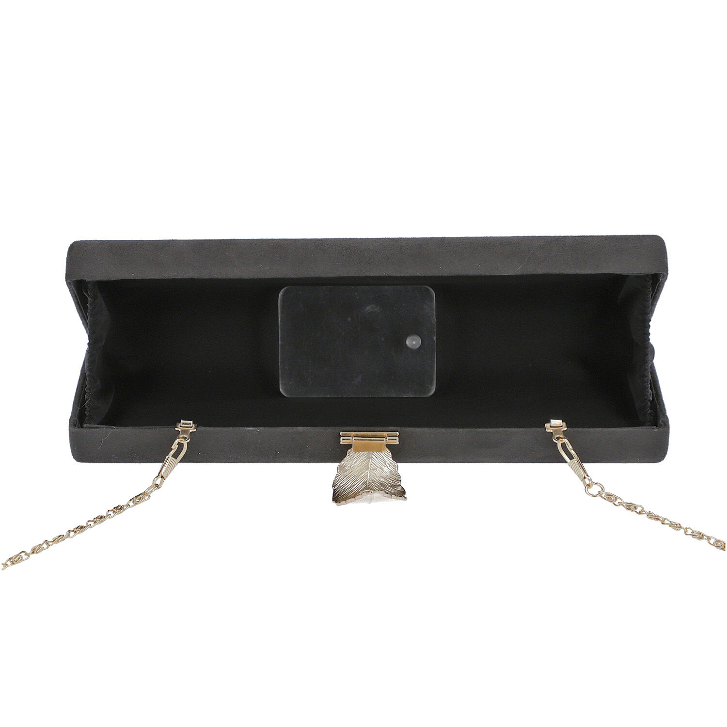 Velvet Clutch Bag with Detachable Shoulder Chain and Metal Leaf Closure (Size 28x4x12 Cm) - Black