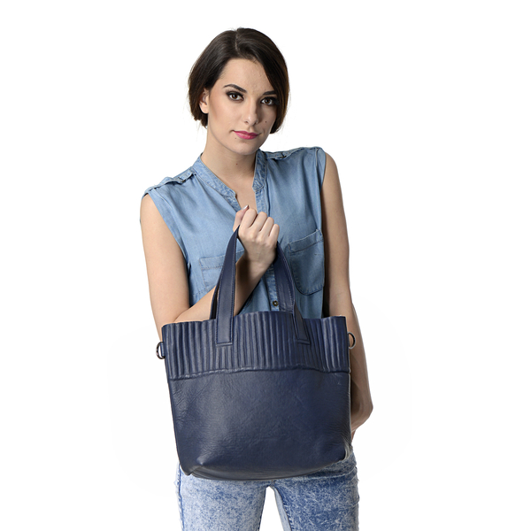 Set of 2 - Navy Blue and White Colour Large and Small Genuine Leather Handbag with Removable Shoulde
