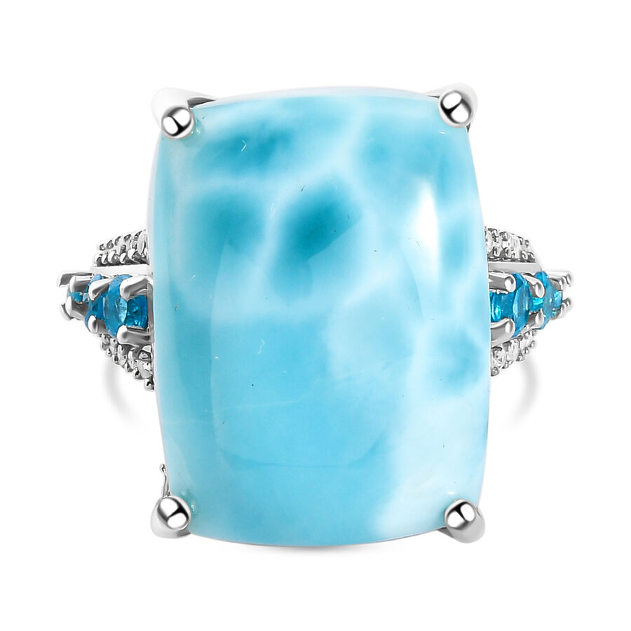 Doorbuster - Larimar, Natural Zircon and Neon Apatite Ring in Platinum Overlay Sterling Silver 20.04 Ct.