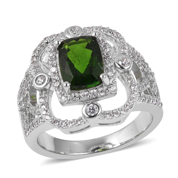 2.39 Ct  Diopside and Zircon Halo Ring in Rhodium Plated Silver 5.46 Grams