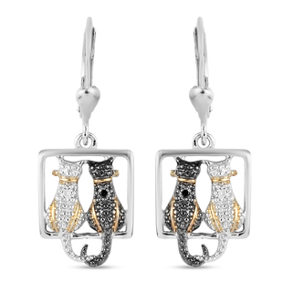 Black and White Diamond (Rnd) Twin Cat Lever Back Earrings in Platinum Overlay Sterling Silver with 