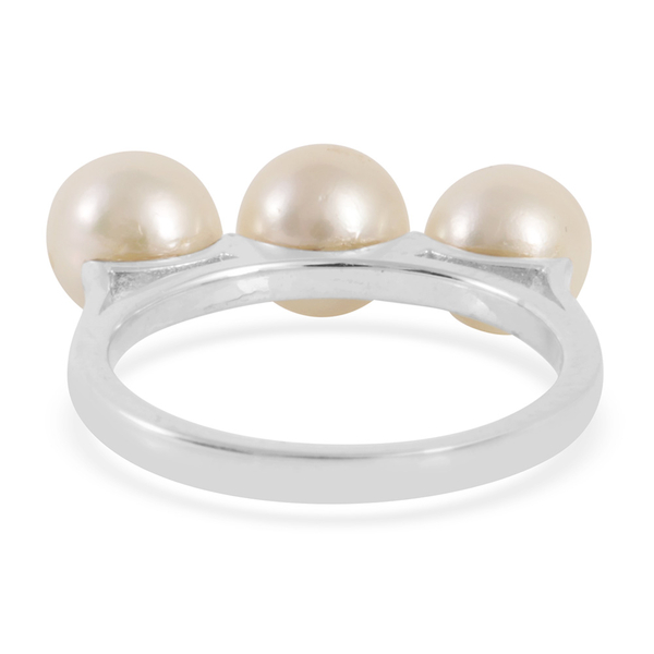 Japanese Akoya Pearl (Rnd) Trilogy Ring in Platinum Overlay Sterling Silver