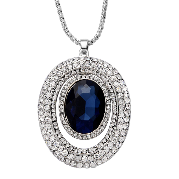 Simulated Blue Sapphire and White Austrian Crystal Pendant with Chain (Size 28 with Extender) in Sil