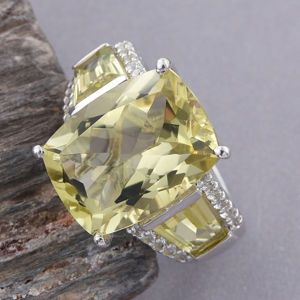 Natural Green Gold Quartz (Cush 9.90 Ct), White Topaz Ring in Platinum Overlay Sterling Silver 12.750 Ct.