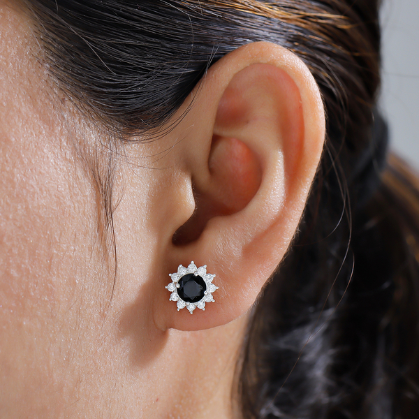 Boi Ploi Black Spinel and Natural Cambodian Zircon Stud Earrings (with Push Back) in Sterling Silver 2.73 Ct.