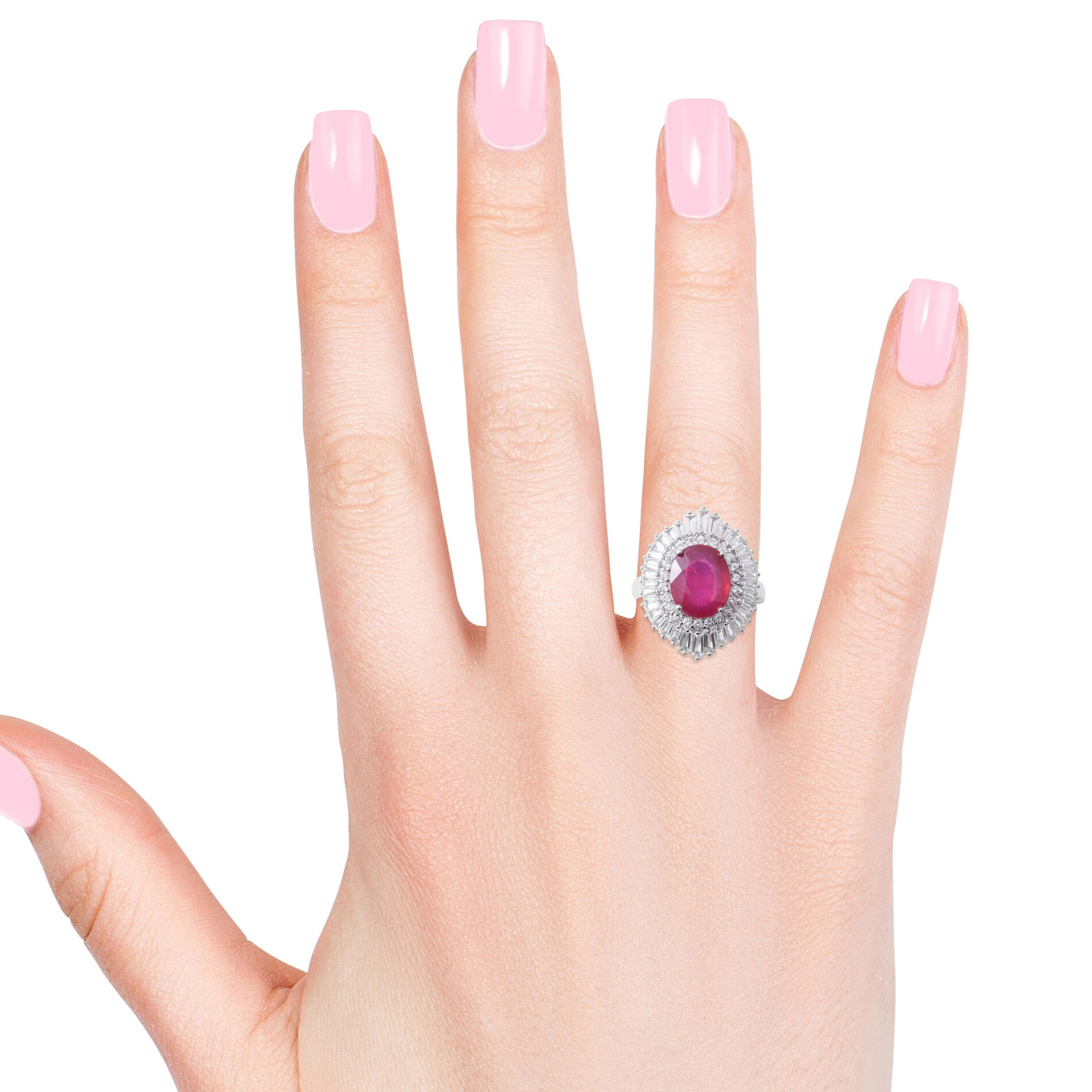 African Ruby (Ovl 7.12 Ct), White Topaz Ring in Rhodium Overlay Sterling Silver 8.920 Ct, Silver wt 5.50 Gms.