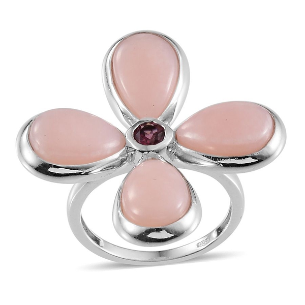 Peruvian Pink Opal (Pear), Rhodolite Garnet Lily Floral Ring in Platinum Overlay Sterling Silver 9.5