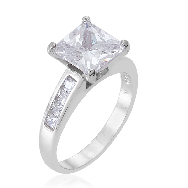 ELANZA AAA Simulated White Diamond (Sqr) Ring in Rhodium Plated Sterling Silver