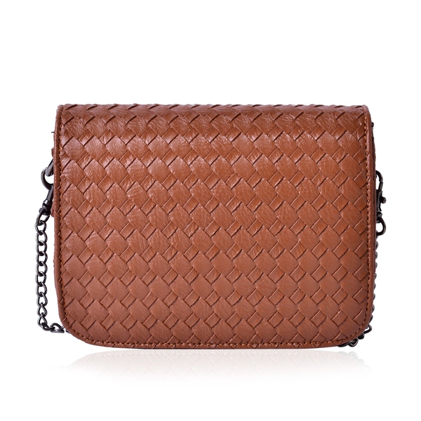 Chocolate Colour Weave Net Pattern Crossbody Bag with Removable Chain Strap (Size 18x13x5.5 Cm)