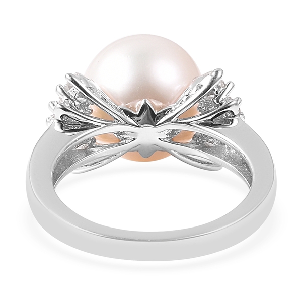 Edison Pearl (Rnd), Natural White Cambodian Zircon Ring in Rhodium Overlay Sterling Silver