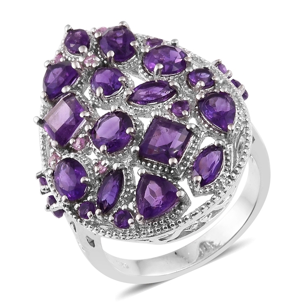 Designer Inspired - Amethyst (Sqr), Pink Sapphire Ring in Platinum Overlay Sterling Silver 7.000 Ct.