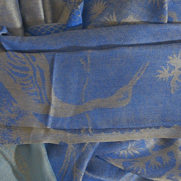 Autumn Winter Special Supersoft Modal Dark Blue, Light Blue and Golden Colour Heron Bird and Tree Pattern Reversible Jacquard Scarf with Fringes (Size 190X70 Cm)