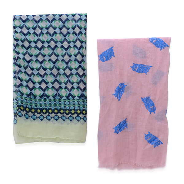 Set of 2 - Multi Colour Diamond Pattern and Royal Blue Colour Owl Pattern Pink Colour Scarf with a Hanger (Size 175x90 Cm)