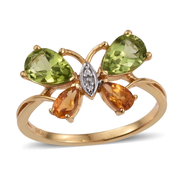 Hebei Peridot (Pear), Citrine Butterfly Ring in 14K Gold Overlay Sterling Silver 2.000 Ct.