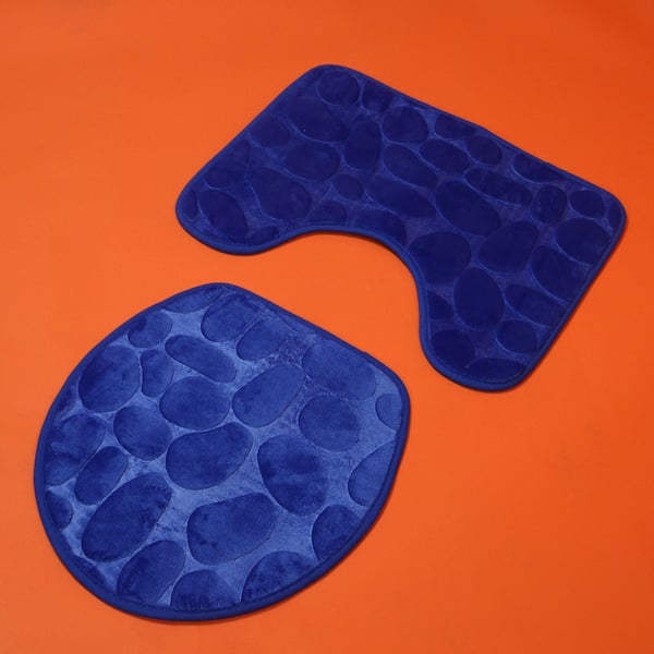 3 Piece Round Stone Embossed Pattern Bathmat Set - Toilet Mat, Bath Mat and Toilet Seat Cover in Blue