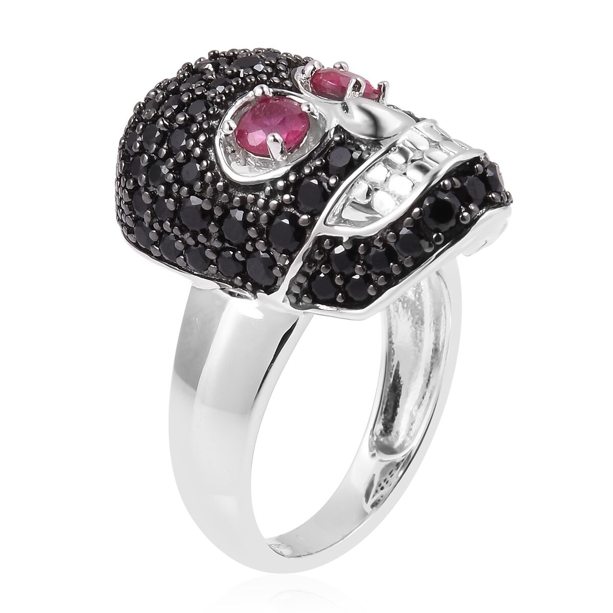 Designer Inspired-Boi Ploi Black Spinel (Rnd), African Ruby Skull Ring in Black and Rhodium Overlay Sterling Silver 2.470 Ct.