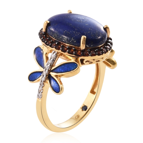 GP Lapis Lazuli (Ovl 8.60 Ct), Mozambique Garnet, Natural Cambodian Zircon and Kanchanaburi Blue Sapphire Enameled Ring in 14K Gold Overlay Sterling Silver 9.250 Ct. Silver wt 5.72 Gms.