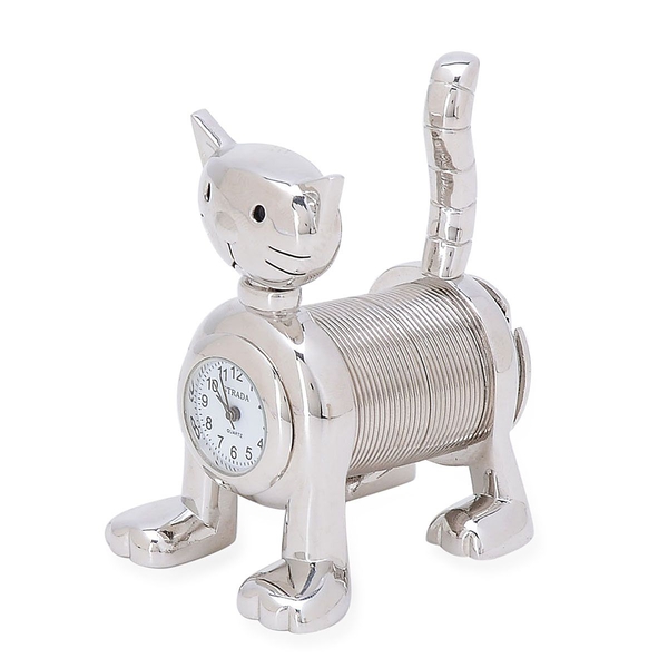 STRADA Japanese Movement Slinky Cat Table Clock in Silver Tone
