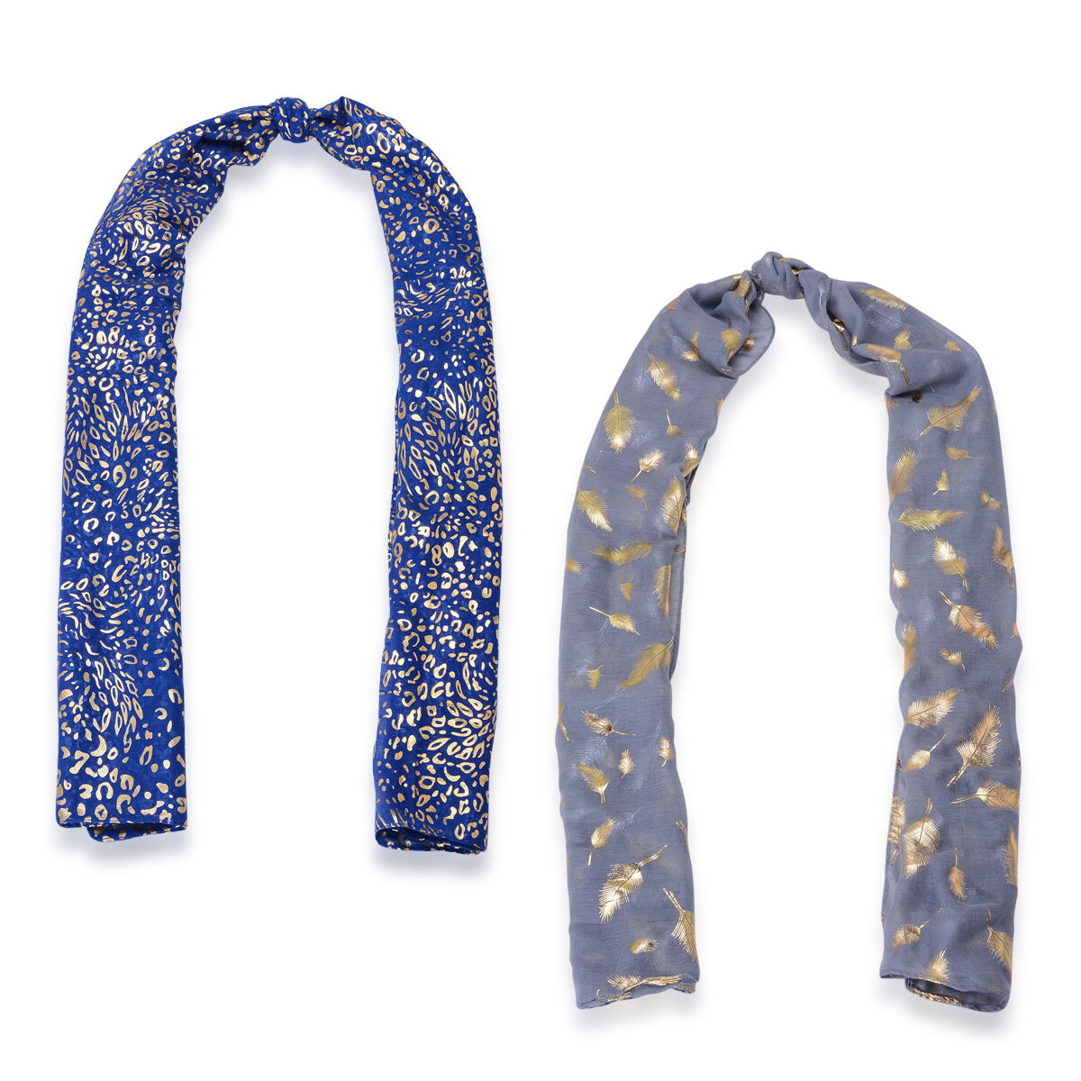 Set of 2 - Leopard Pattern Royal Blue Colour and Golden Leaves Pattern Grey Colour Scarf with a Hanger (Size 175x65 Cm)
