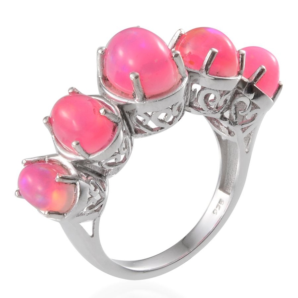 Pink Ethiopian Opal (Ovl 1.00 Ct) 5 Stone Ring in Platinum Overlay Sterling Silver 3.500 Ct.