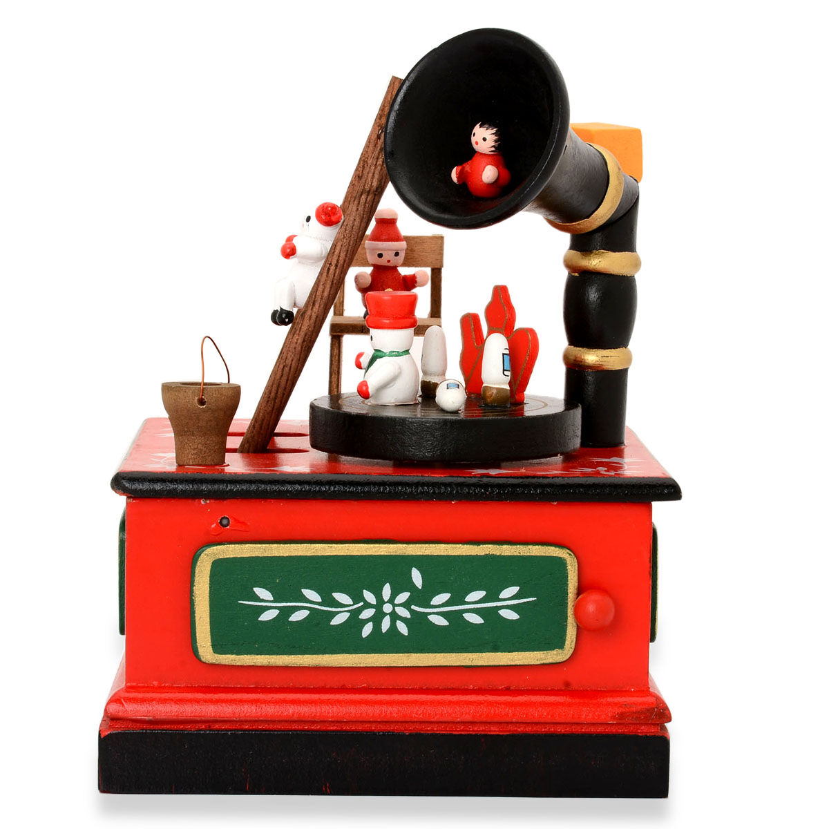 Red and Green Colour Moving Miniature Village Music Box with Small Christmas People in Resin