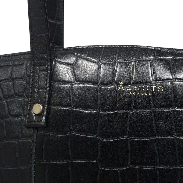 ASSOTS LONDON Melanie 100% Genuine Leather Croc Pattern Tote Bag with Handle Drop (Size 29x23x13 Cm) - Black