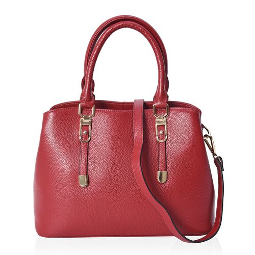 100 Genuine Leather Tote Bag with Detachable Shoulder Strap in Red Colour Size 32x24x12 Cm