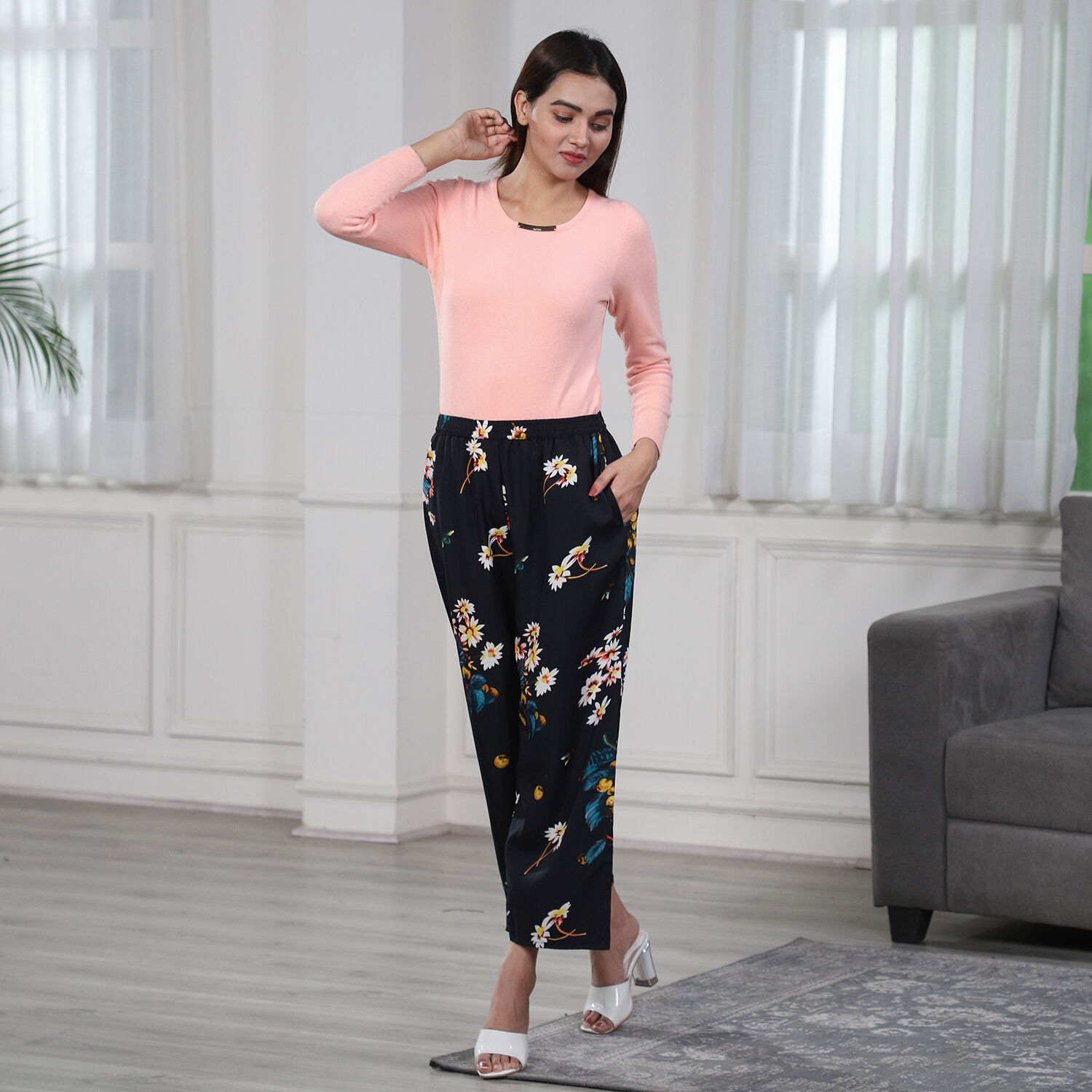 Multi Colour Floral Printed Black Trousers (Size XXL, 22-26)