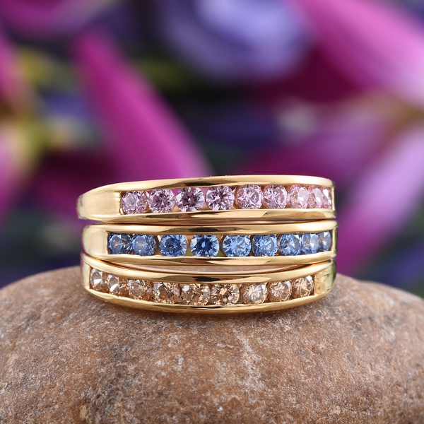 Set of 3 - Lustro Stella - 14K Gold Overlay Sterling Silver (Rnd) Half Eternity Band Ring Made with Yellow, Blue and Pink  ZIRCONIA