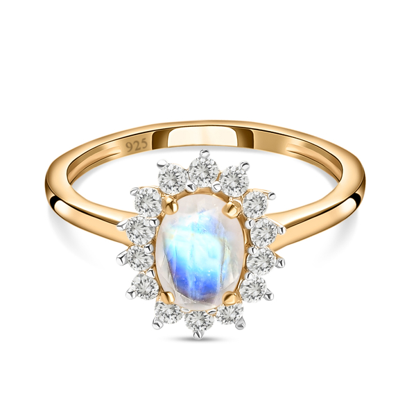 Rainbow Moonstone and Natural Cambodian Zircon Ring in 14K Gold  Overlay Sterling Silver 1.18 Ct.