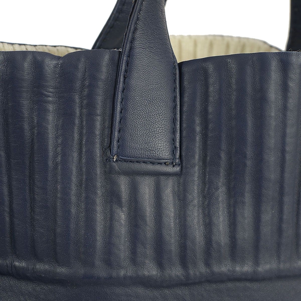Set of 2 - Navy Blue and White Colour Large and Small Genuine Leather Handbag with Removable Shoulder Strap (Size 28x34x11, 22x21 Cm)