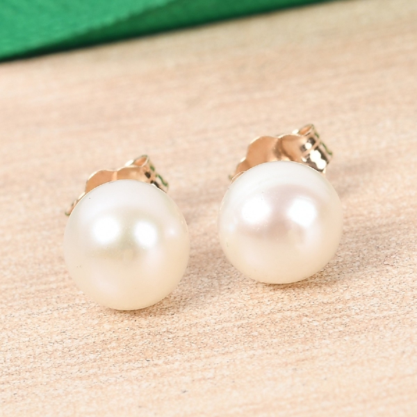 9K Yellow Gold Fresh Water Pearl Solitaire Stud Earrings in Rhodium Overlay