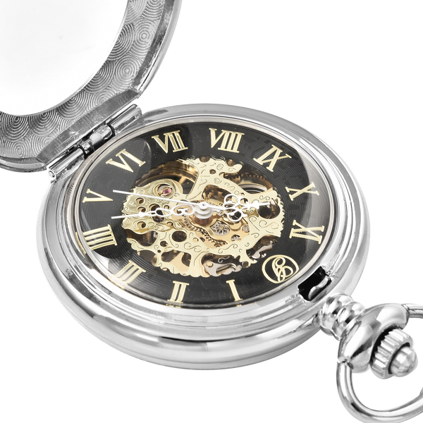 GENOA Automatic Mechanical Movement Skeleton Water Resistant Pocket Watch with Chain (Size 30) and Openable Case in Silver Tone