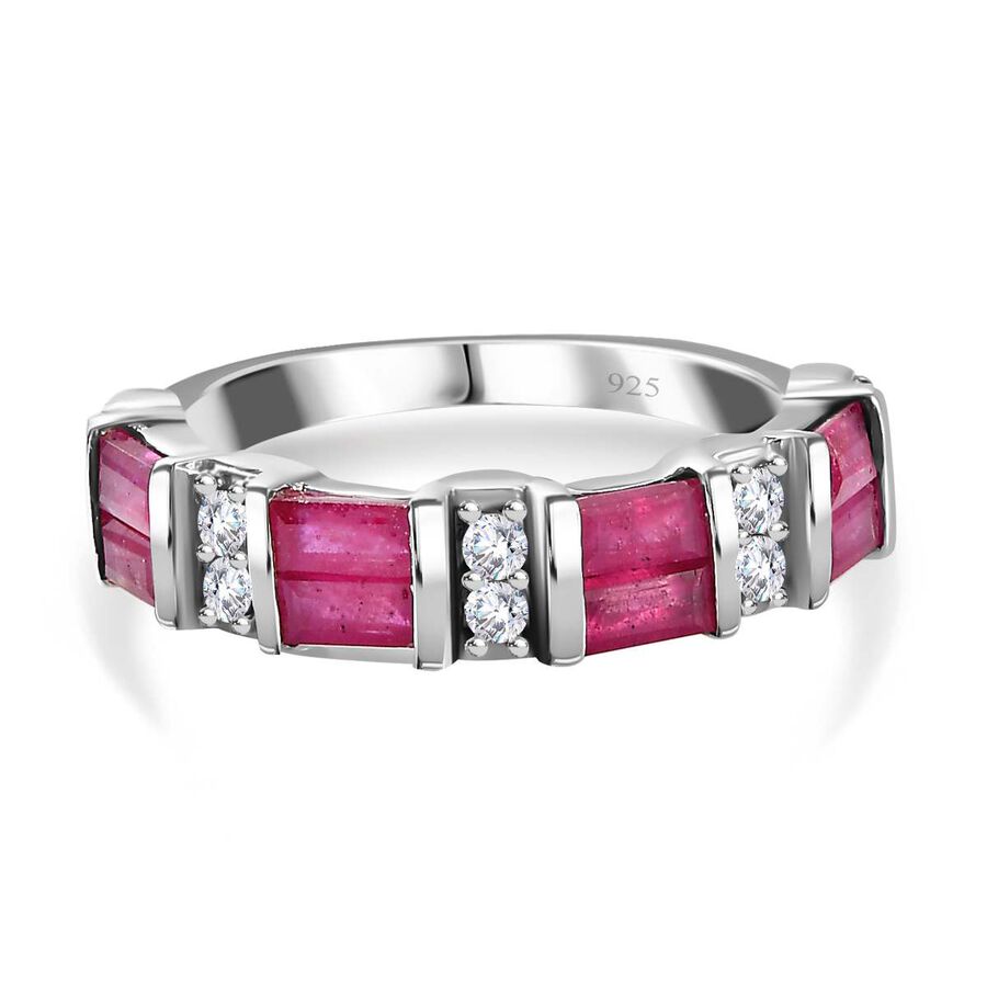 African Ruby & Natural Zircon Half-Eternity Band Ring in Platinum Overlay Sterling Silver 2.00 Ct.