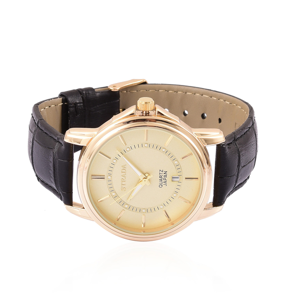 STRADA Japanese Movement Golden Dial Watch in Yellow Gold Tone with Stainless Steel Back and Black Colour Genuine Leather Strap