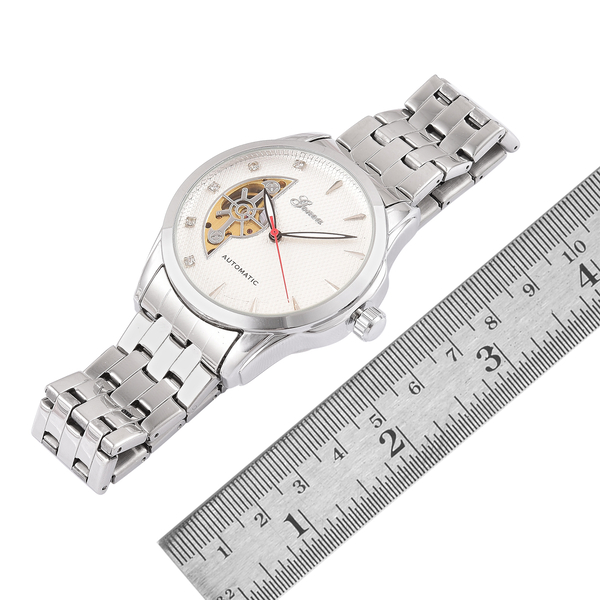 GENOA Automatic Skeleton White Austrian Crystal Studded White Dial Watch in Silver Tone with Stainless Steel and Glass Back