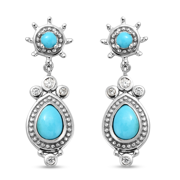 Arizona Sleeping Beauty Turquoise and Natural Cambodian Zircon Dangle Earrings (with Push Back) in P