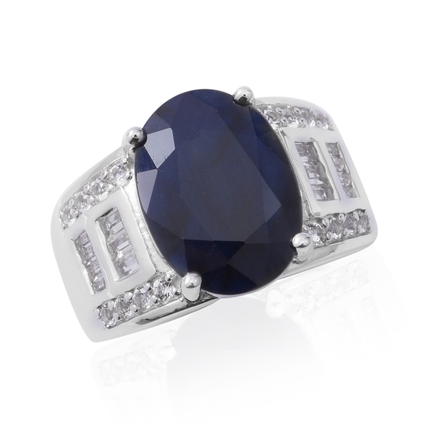 9.12 Ct Blue Sapphire and White Topaz Cluster Ring in Rhodium Plated Silver 5.70 Grams