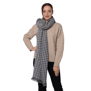 Close Out Deal LA MAREY Super Soft 100% Wool Shawl in Grey Houndstooth Pattern with Tassels (200x69+5cm)