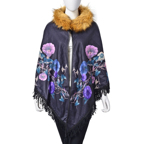 Designer Inspired Black Floral Pattern Faux Fur Collar Reversible Poncho with Tassels (Free Size)