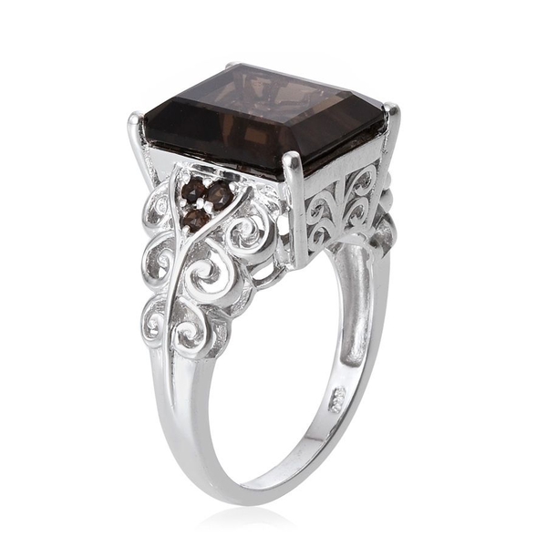 Brazilian Smoky Quartz (Oct 9.75 Ct) Ring in Platinum Overlay Sterling Silver 10.000 Ct. Silver wt 5.52 Gms.