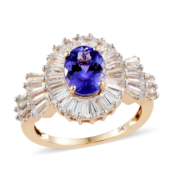 4.5 Ct Tanzanite and Cambodian Zircon Halo Ring in 9K Gold 2.57 Grams