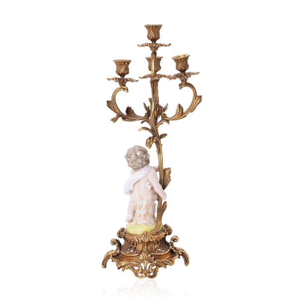 Hand Made Museum Collection - Bronze 4 Arms Candelabrum with Hand Painted Porcelain Angel (Size 45x14 Cm)