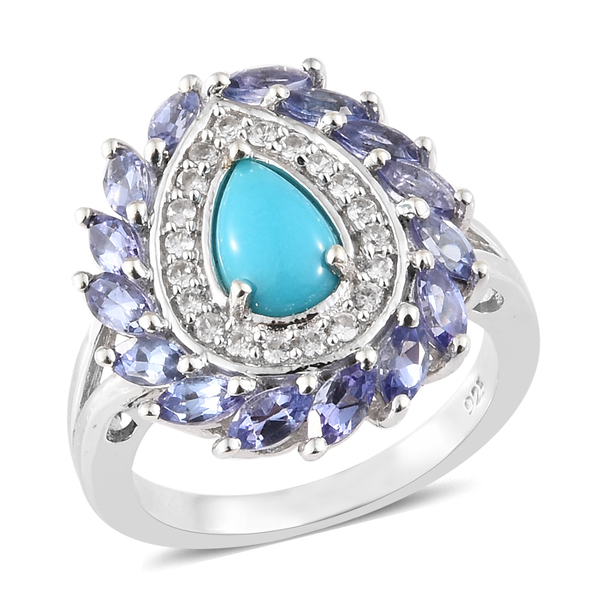 2.25 Ct Sleeping Beauty Turquoise and Multi Gemstone Halo Cluster Ring in Platinum Plated Silver