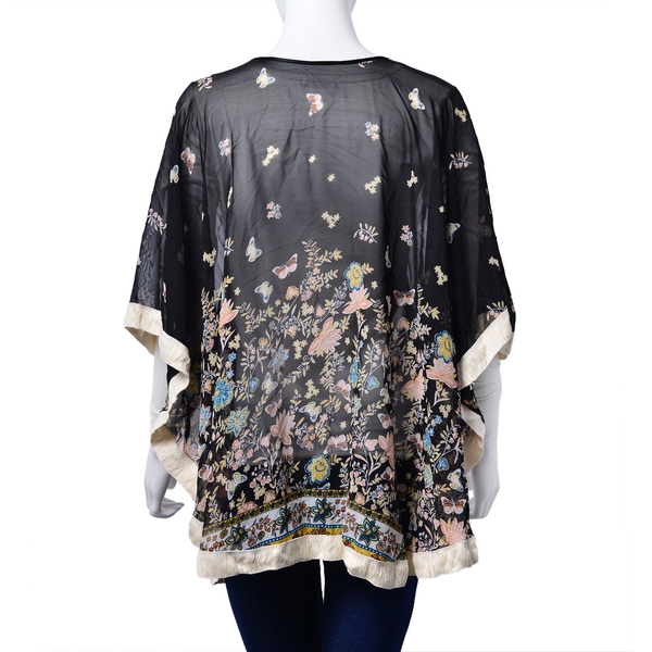 Multi Colour Floral and Butterfly Pattern Black Colour Poncho (Free Size)
