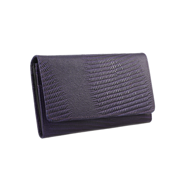100% Genuine Leather Lizard Embossed Womens RFID Protected Wallet (Size 18x10 Cm) - Purple