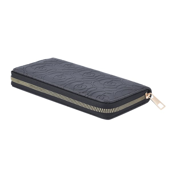 Rose Embossed Pattern Long Size Wallet with Zipper Closure (Size 19x10x3Cm) - Black